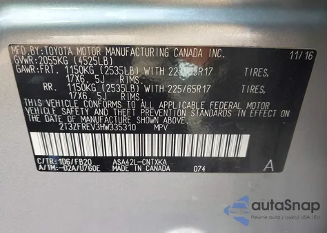 2017 Toyota Rav4 Le z USA, uszkodzony, nr VIN 2T3ZFREV3HW335310